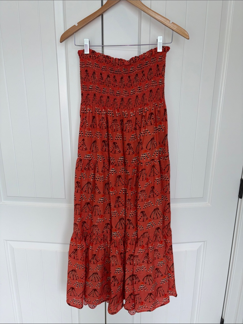Ulla Johnson Rust Red Smocked strapless dress with Black Print